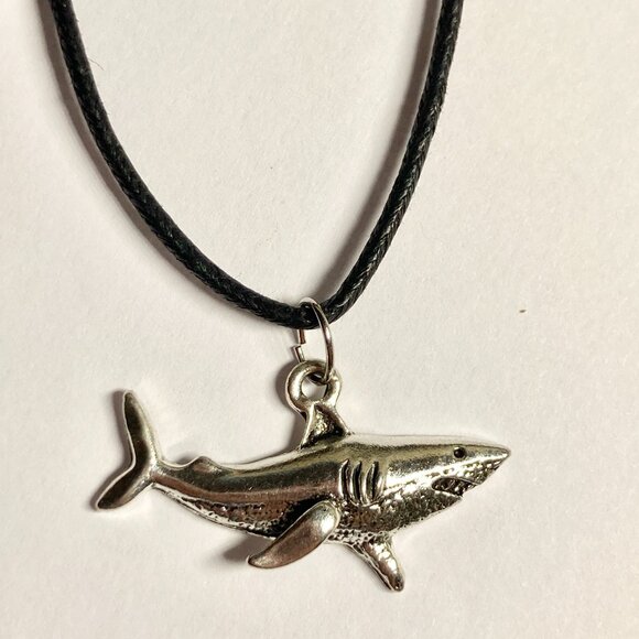 Silver Shark Necklace Black Cord 22" Plated Sea Life Surfer Style Mens Womens - Picture 4 of 6